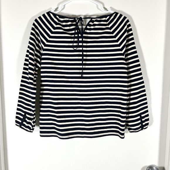 J. CREW STRIPED PEASANT TOP GATHERED NECK TIE BACK NAVY IVORY Size XS Fit S/M - Picture 4 of 10